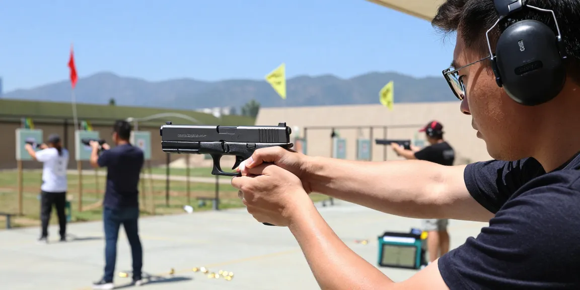Gun enthusiast aiming customized Glock at precisionglockslides.com shooting range with a professional setup and clear focus.