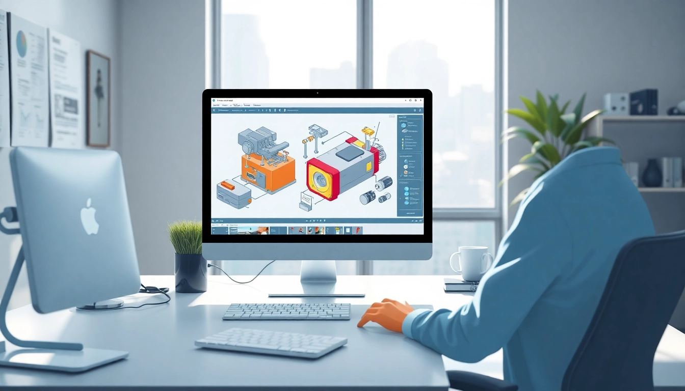 Technische Animation in einem modernen Büro mit 3D-Modellen auf einem Bildschirm.