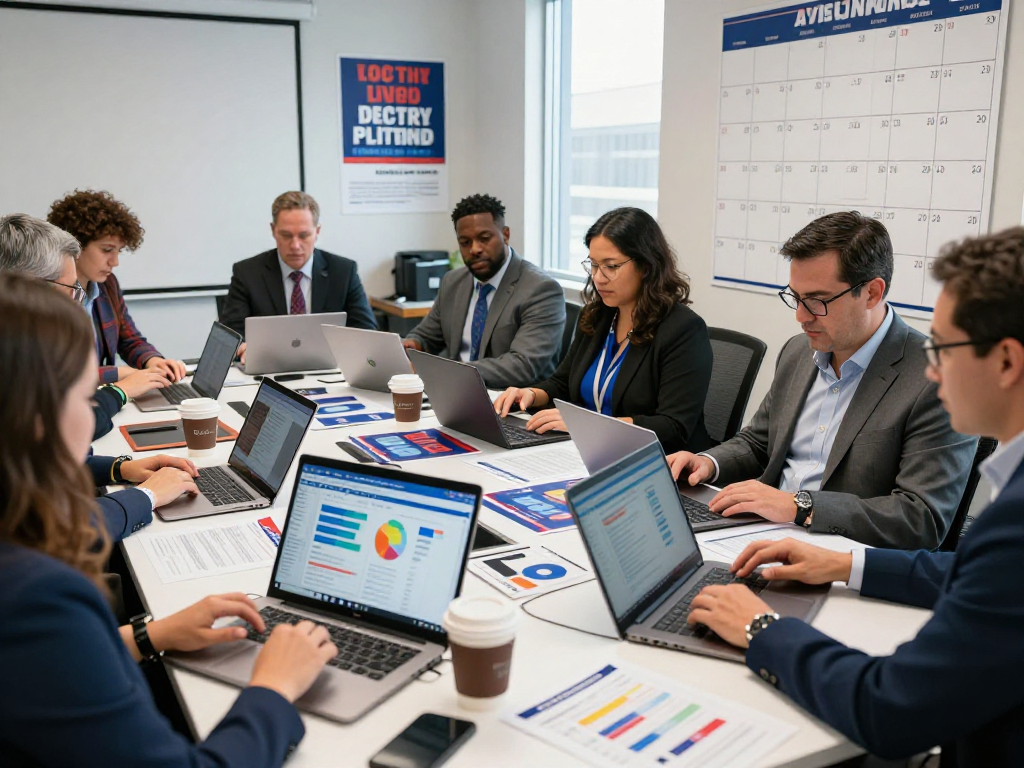Political email list building with campaign strategists analyzing voter data in a vibrant office.