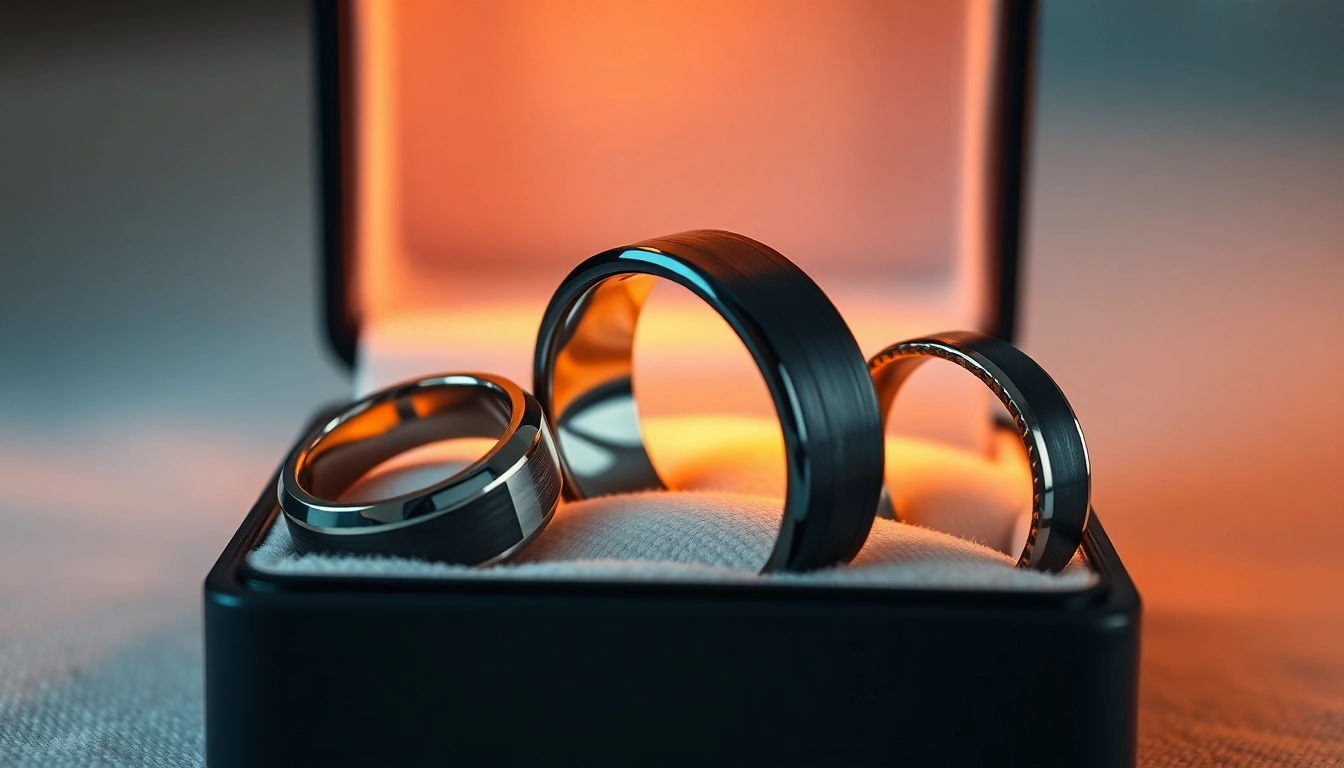 Showcase polished tungsten rings in a luxurious display, emphasizing their elegant design and quality.