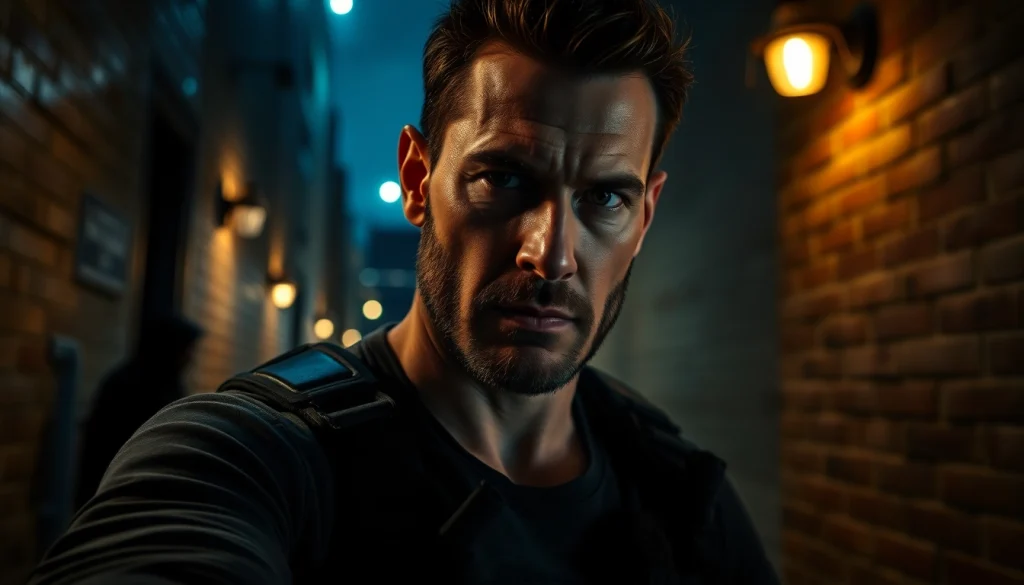 Character reflecting determination in a gritty urban scene, for fans of shows similar to reacher series.