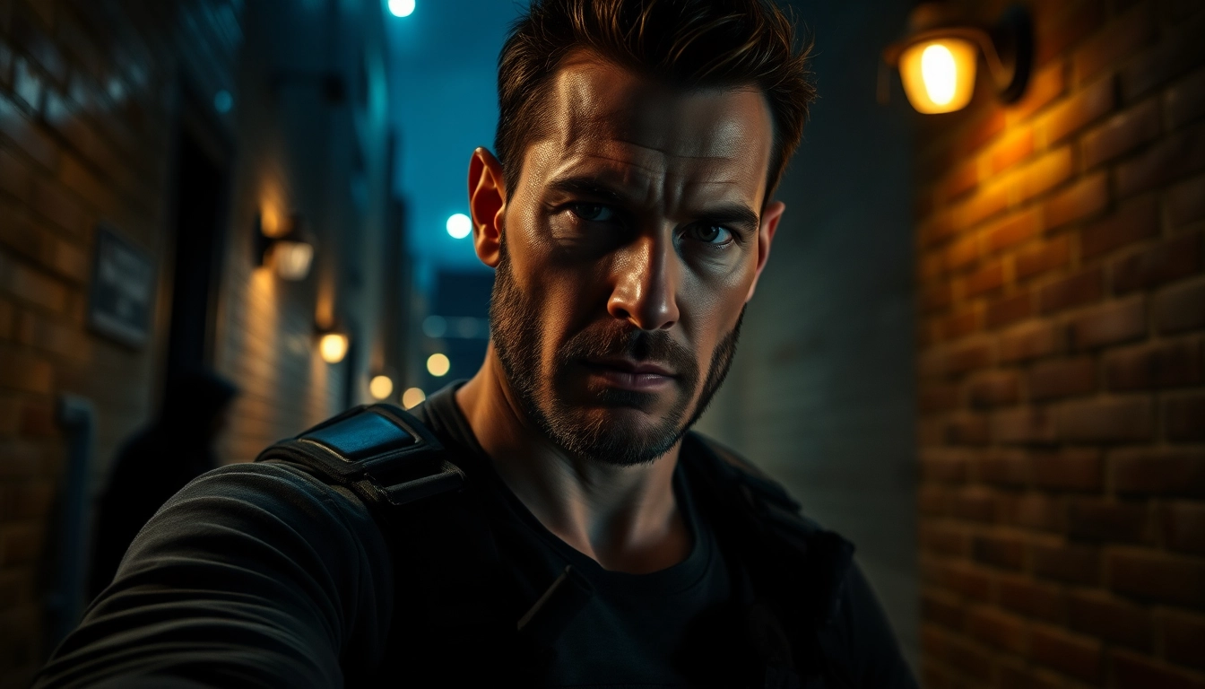 Character reflecting determination in a gritty urban scene, for fans of shows similar to reacher series.