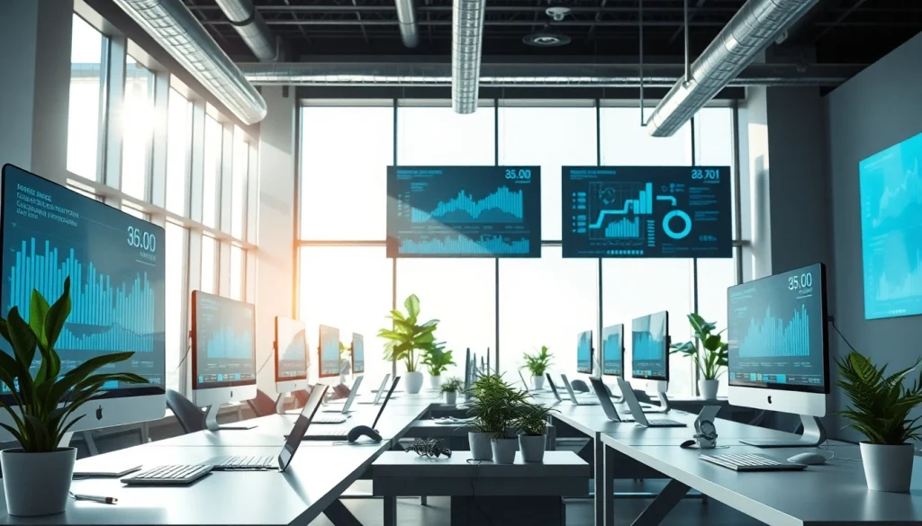 Showcasing technology advancements in a modern office environment with sleek gadgets and digital displays.