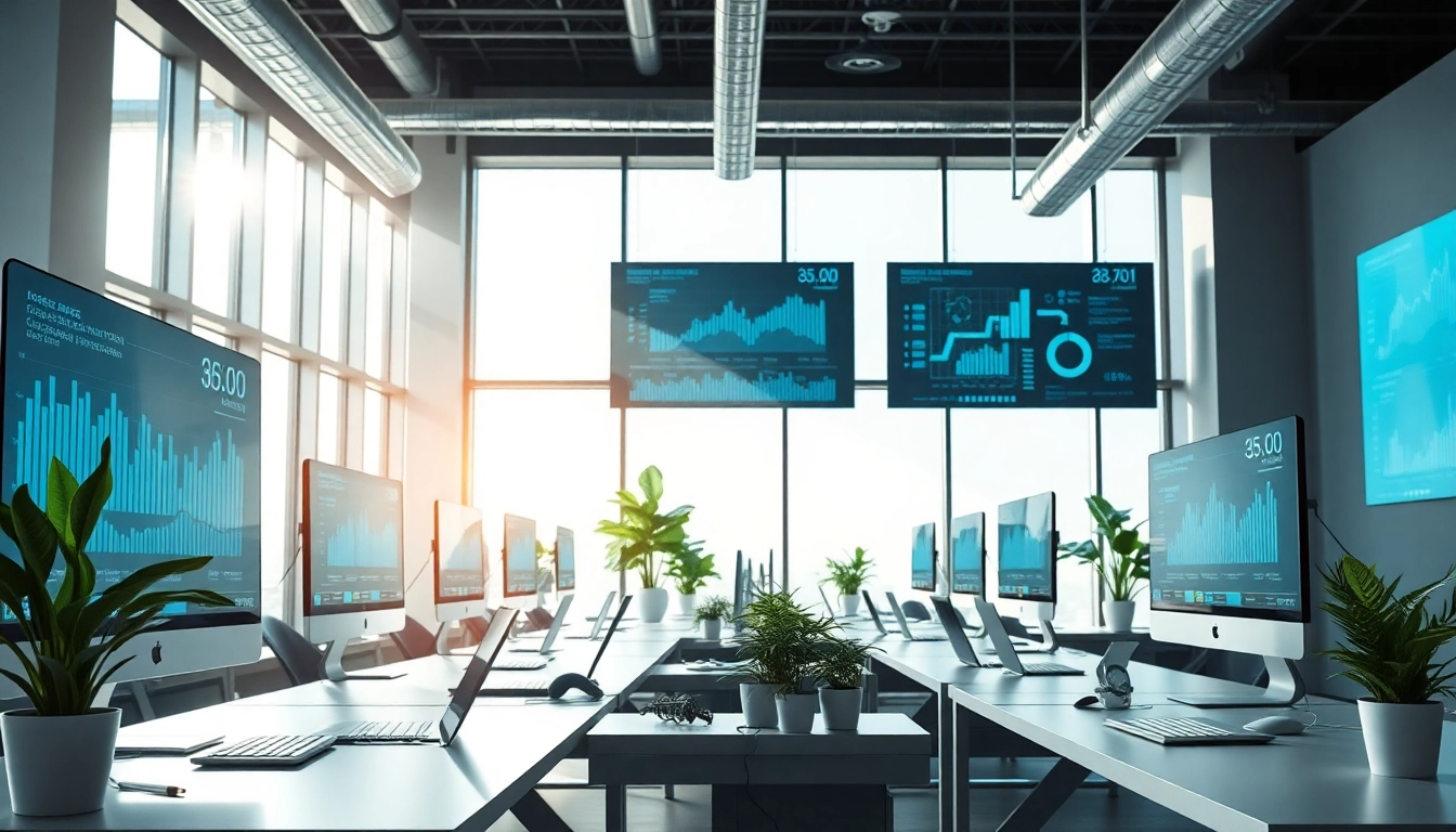 Showcasing technology advancements in a modern office environment with sleek gadgets and digital displays.