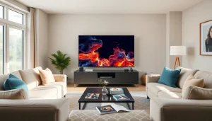 Watch vibrant shows on an iron TV in a stylish living room setup.