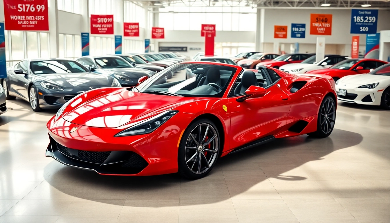 View of a red sports car in an automotive showroom where you can Buy a car