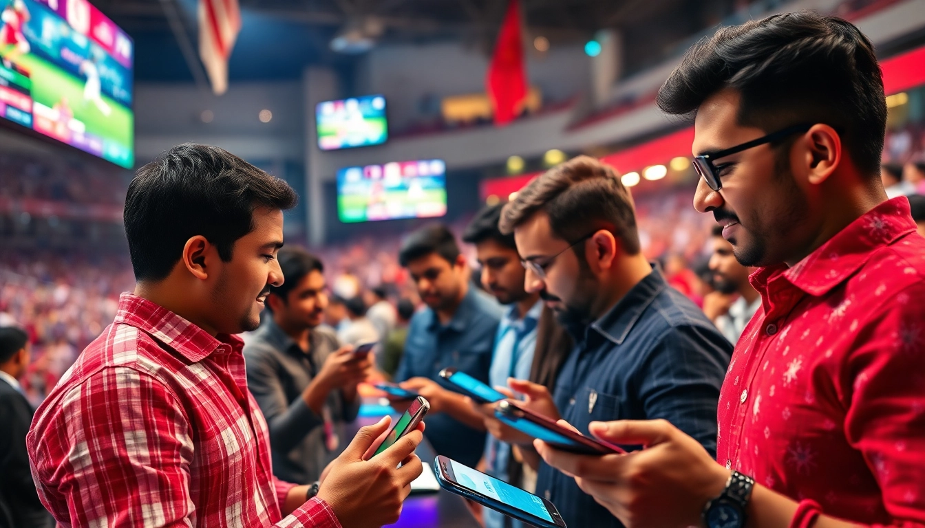 Engaging moment in sports betting in India, highlighting active bettors using mobile apps amidst vibrant settings.