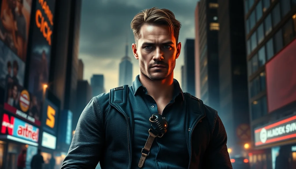 Action hero representing shows similar to reacher series in an urban adventure scene.