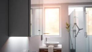 Spiegelschrank mit LED Beleuchtung, elegantes Design im modernen Badezimmer anzeigen