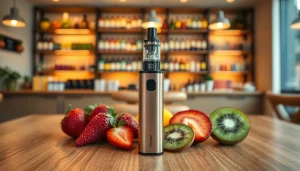 Elfbar in a vibrant café setting, surrounded by fresh fruits, inviting atmosphere.