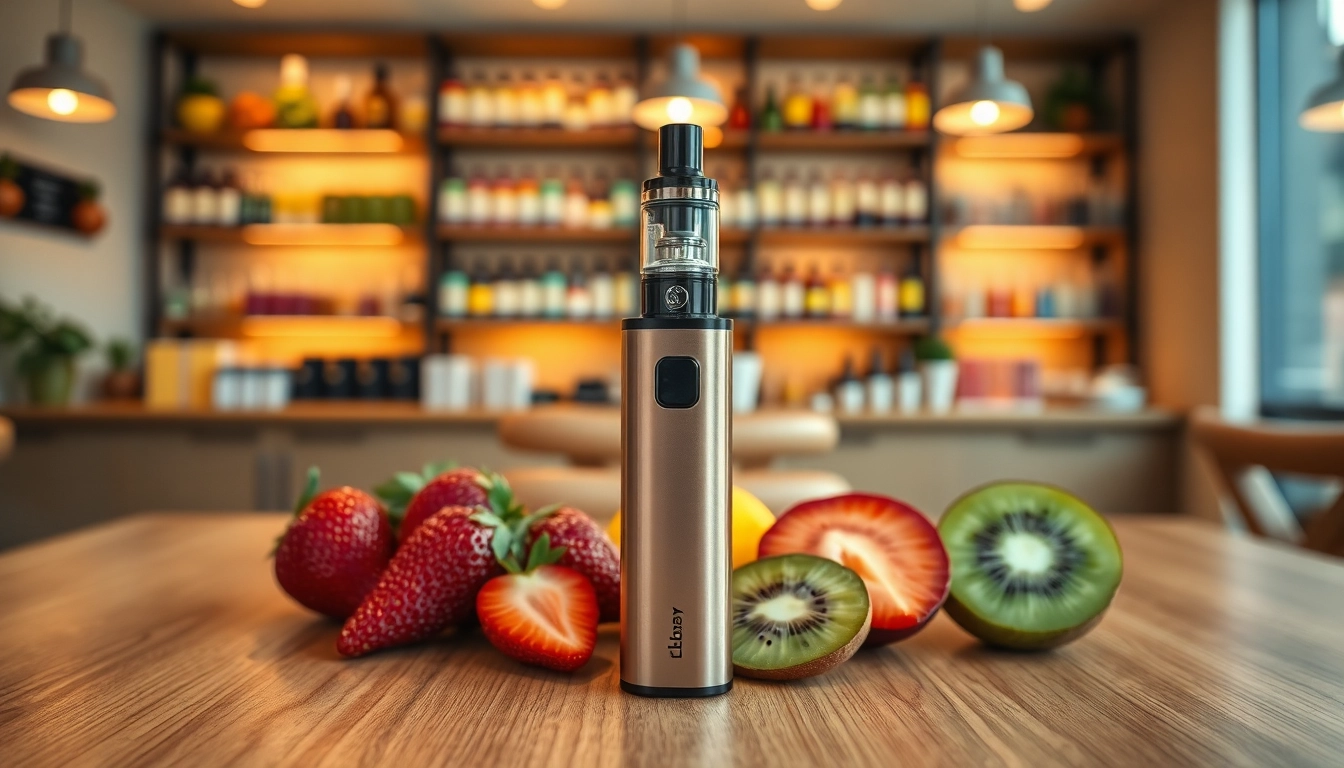 Elfbar in a vibrant café setting, surrounded by fresh fruits, inviting atmosphere.