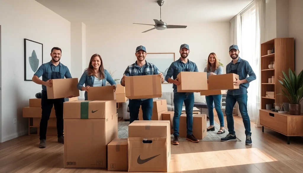 Efficient Toronto moving services team arranging boxes in a modern apartment.