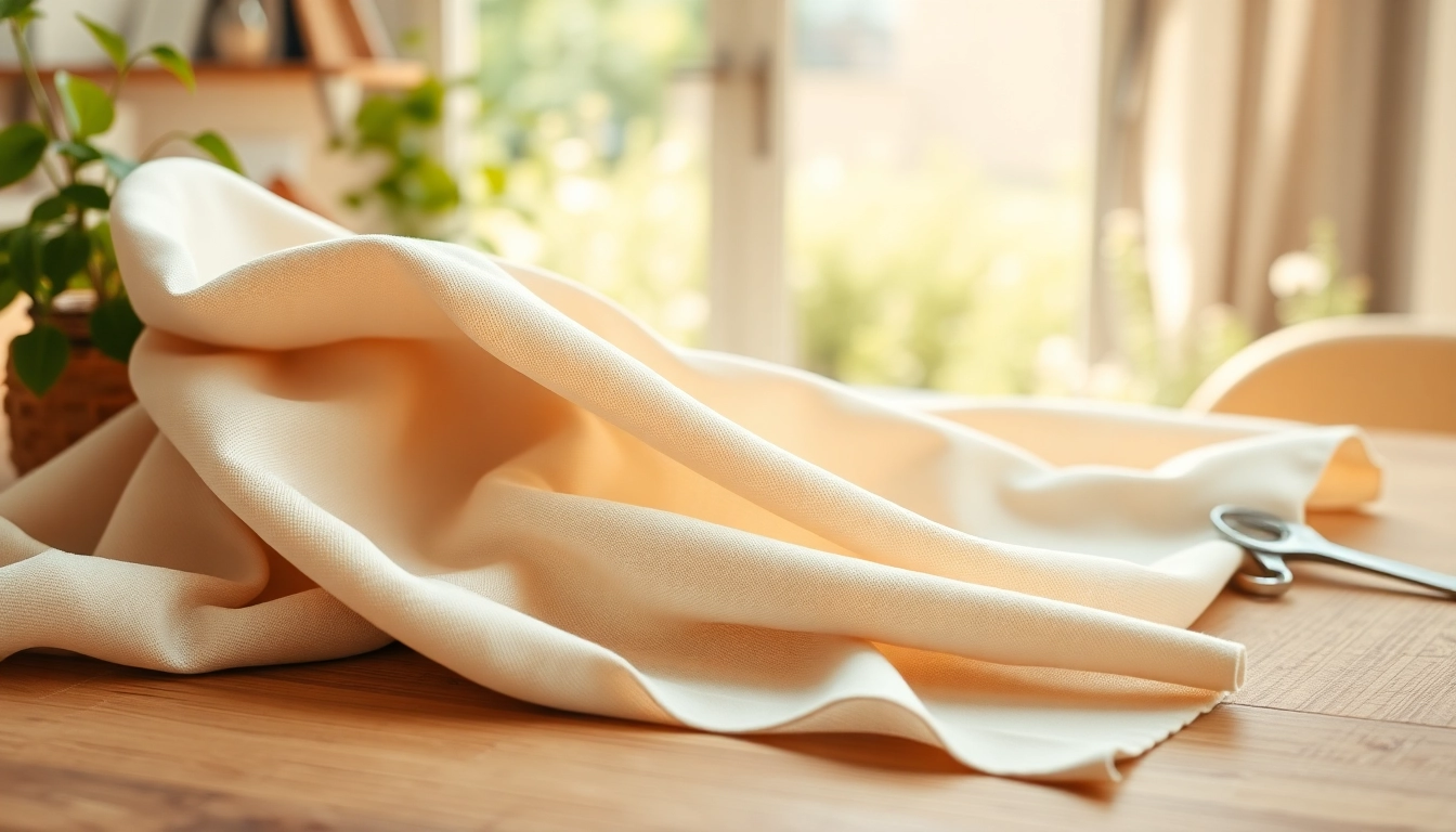 Ongebleekt katoen stof met natuurlijke textuur op een houten tafel.