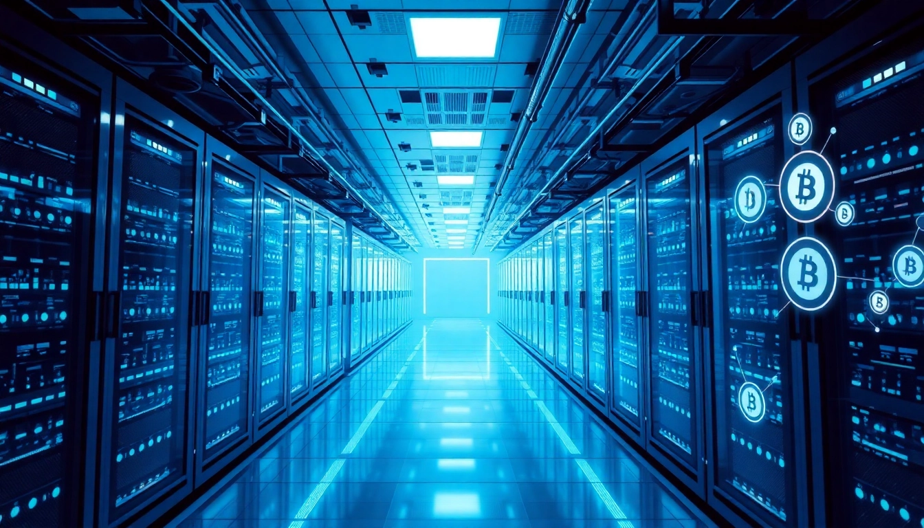 Dogecoin cloud mining operations in a futuristic data center filled with advanced computing servers.