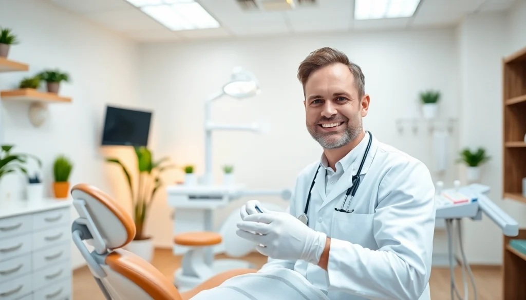 Dentist assisting a patient in a modern clinic, emphasizing a positive dental care experience.