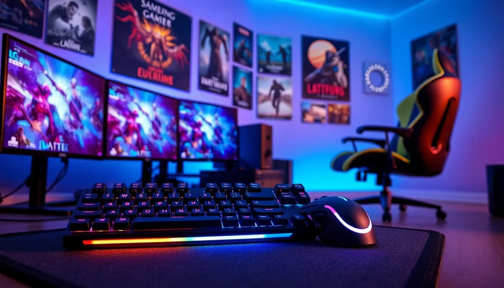 Top gaming tools showcased in a dynamic gaming setup with vibrant lighting and ergonomic gear.