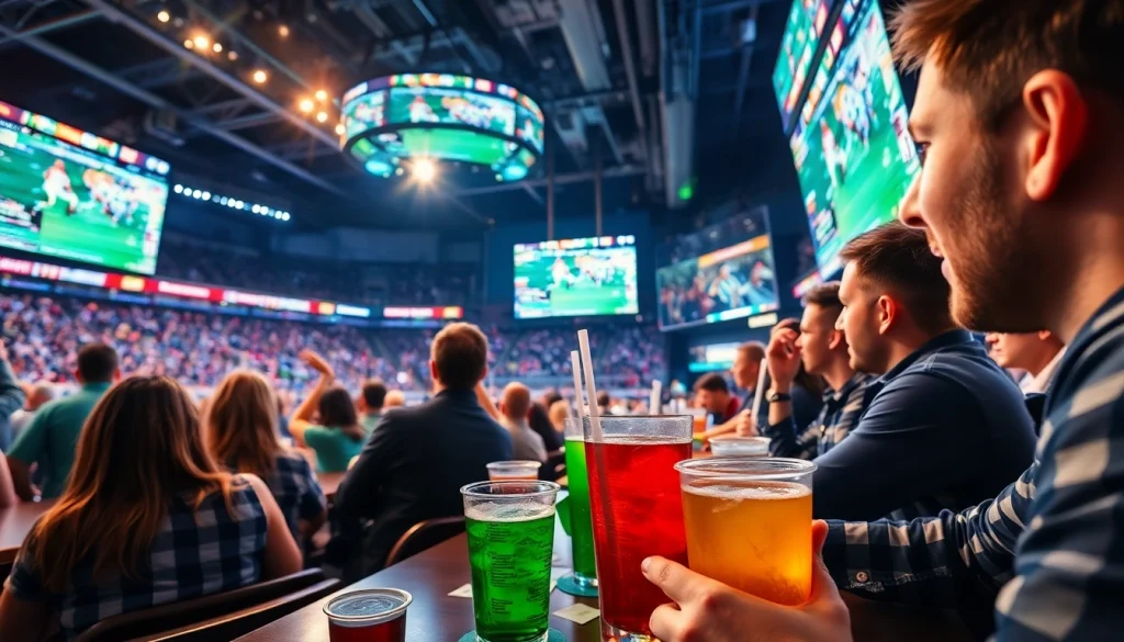 Engaging scene of sportsbooks in Georgia with fans cheering during a game, vibrant atmosphere.