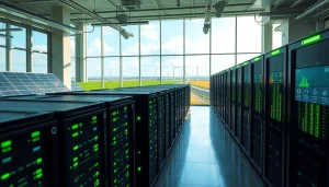 Advanced crypto cloud mining data center showcasing renewable energy solutions and real-time profitability analytics.