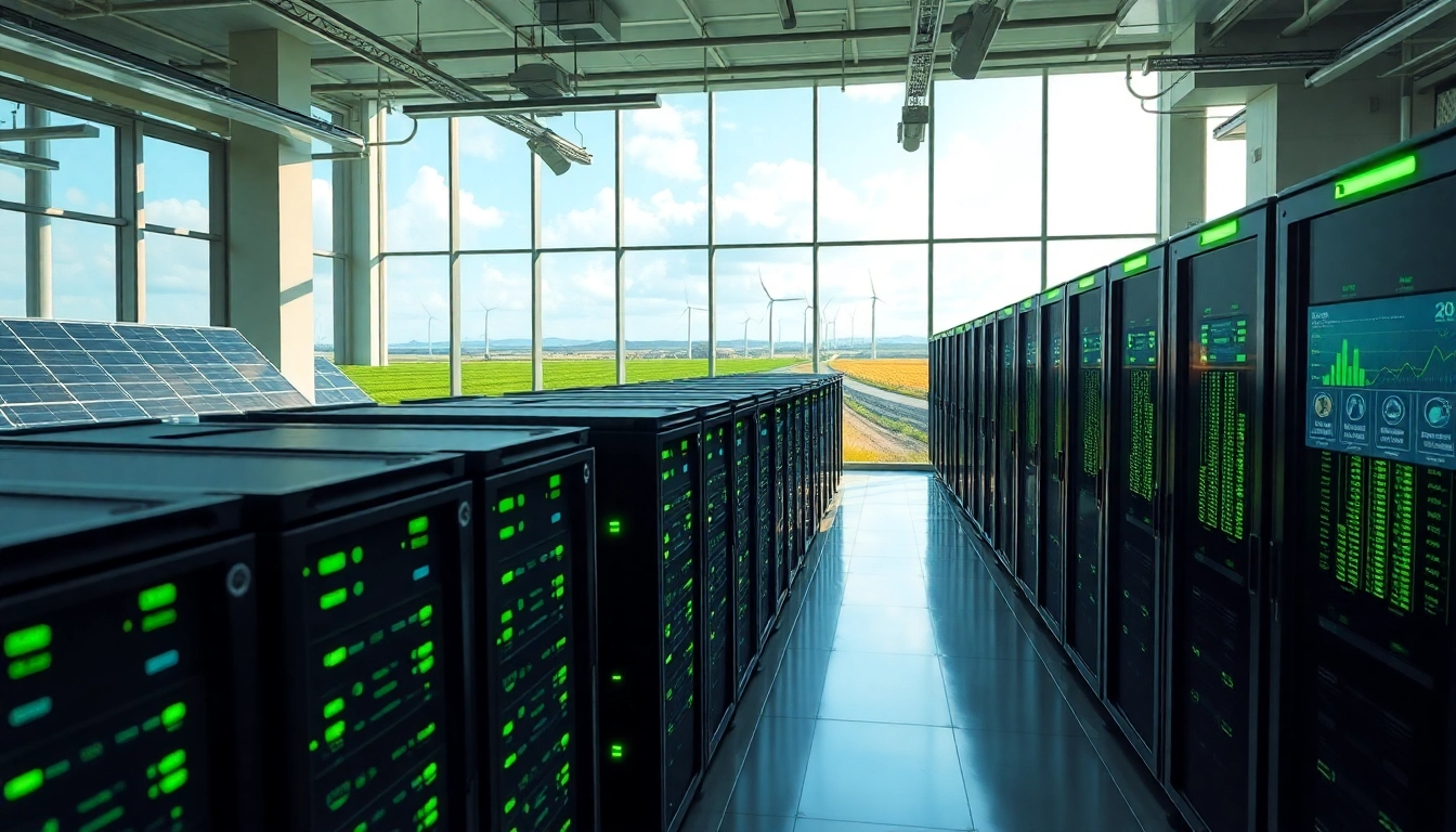 Advanced crypto cloud mining data center showcasing renewable energy solutions and real-time profitability analytics.