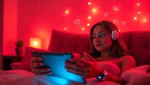 A captivating scene illustrating sexting AI interactions between a user and a friendly digital chatbot in a cozy room.