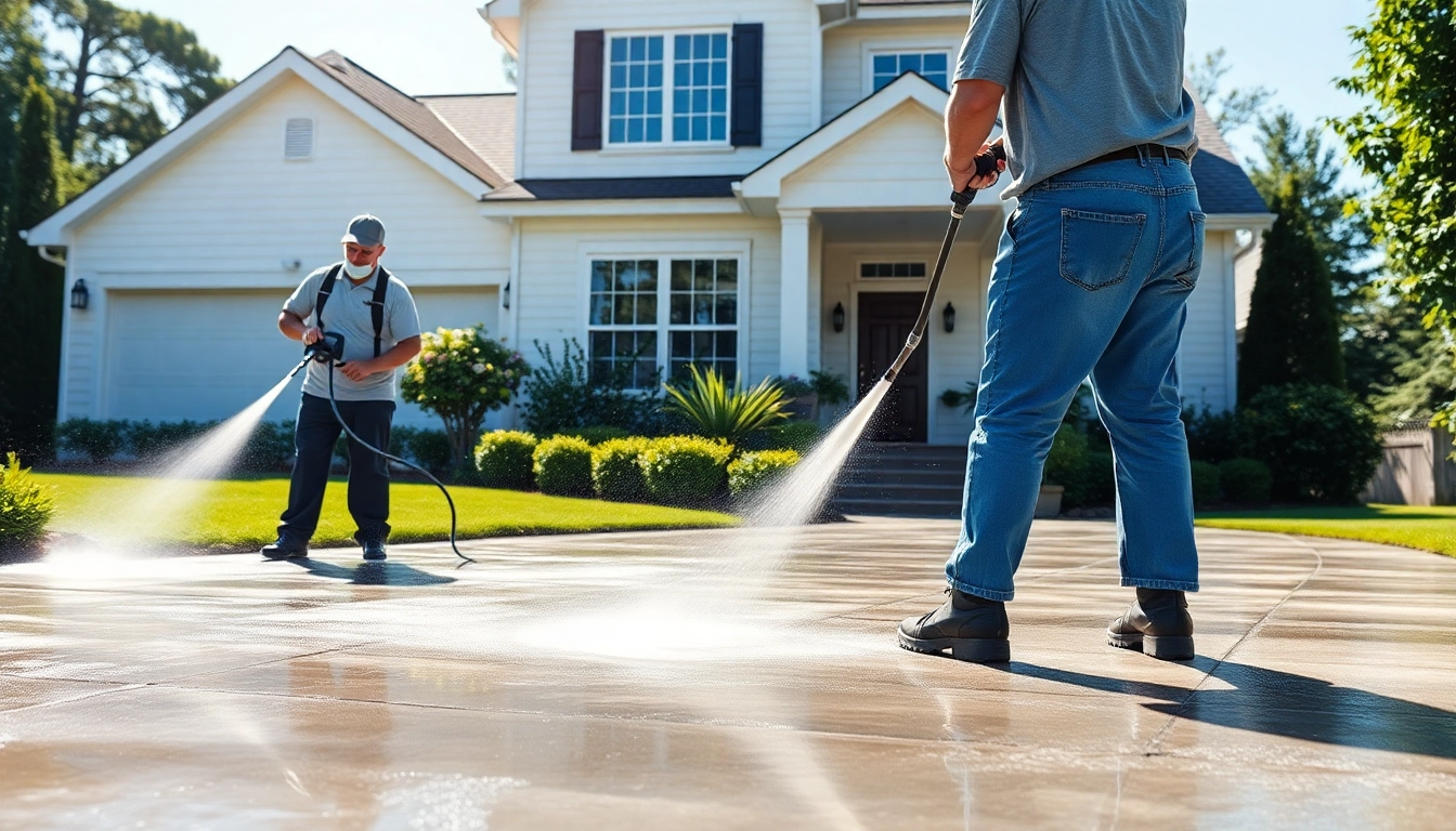 Concrete cleaning in progress with a professional pressure washing service effectively removing dirt and stains.