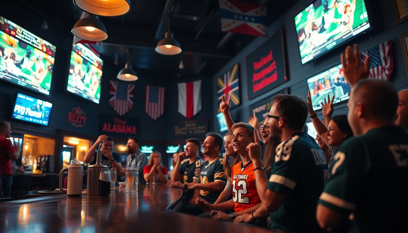 Engaged fans cheering for sportsbooks in Alabama in a vibrant sports bar setting.