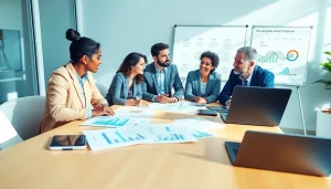 Engaged team discussing Pre and post award compliance strategies in a modern office setting.