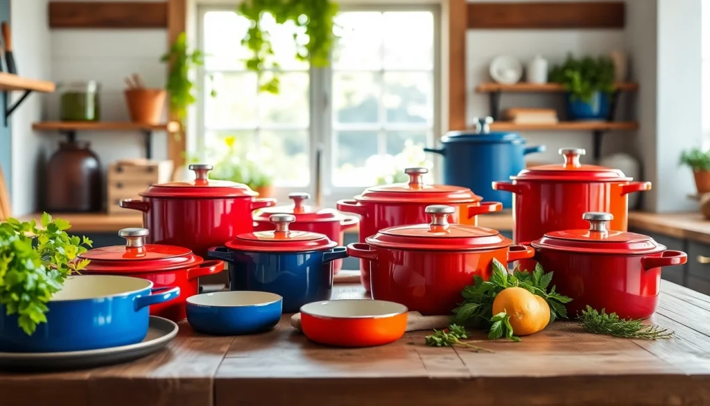 Find out where to buy Le Creuset in NZ with this colorful kitchen scene featuring cookware.
