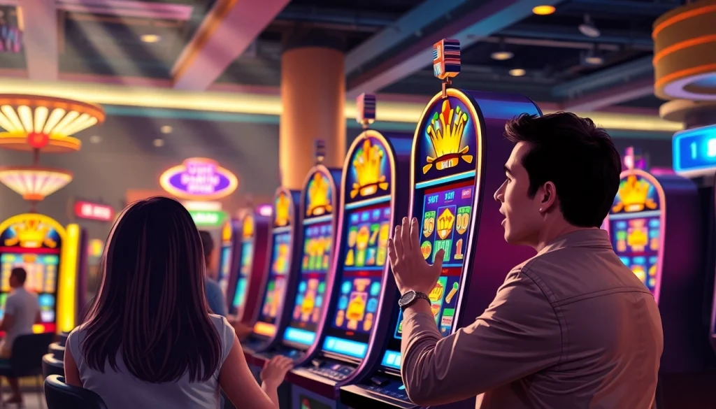 Slot depo pulsa dengan pemain yang antusias dalam permainan slot yang meriah.