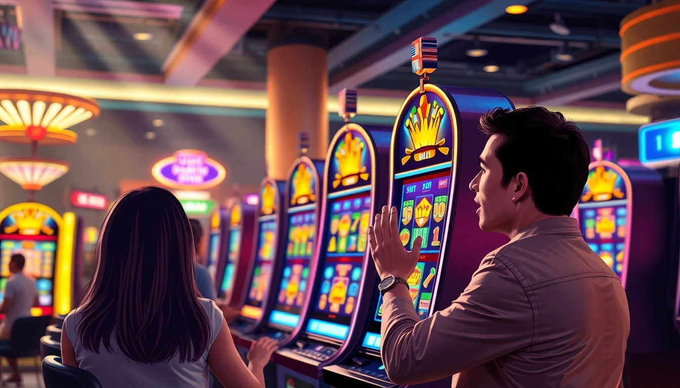 Slot depo pulsa dengan pemain yang antusias dalam permainan slot yang meriah.