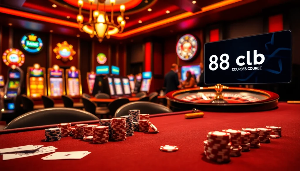 Gambling enthusiasts enjoy the vibrant atmosphere of 88clb.courses with poker chips and slot machines.