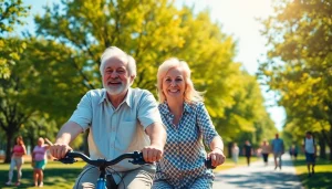 Promoting healthspan, an elderly couple enjoying cycling in a vibrant park, illustrating vitality and joy.