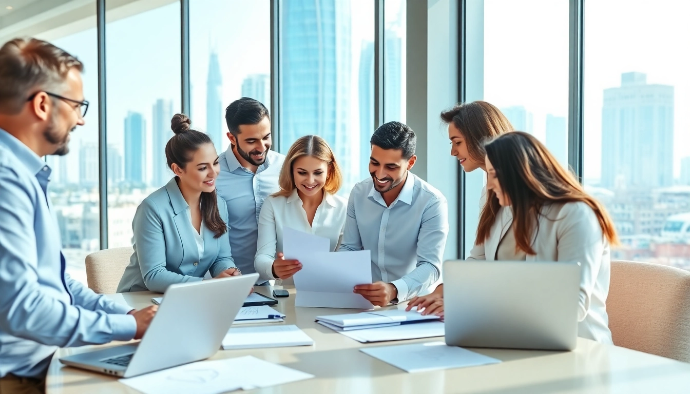 Business Consultants in Dubai collaborating in a modern office with a skyline view.