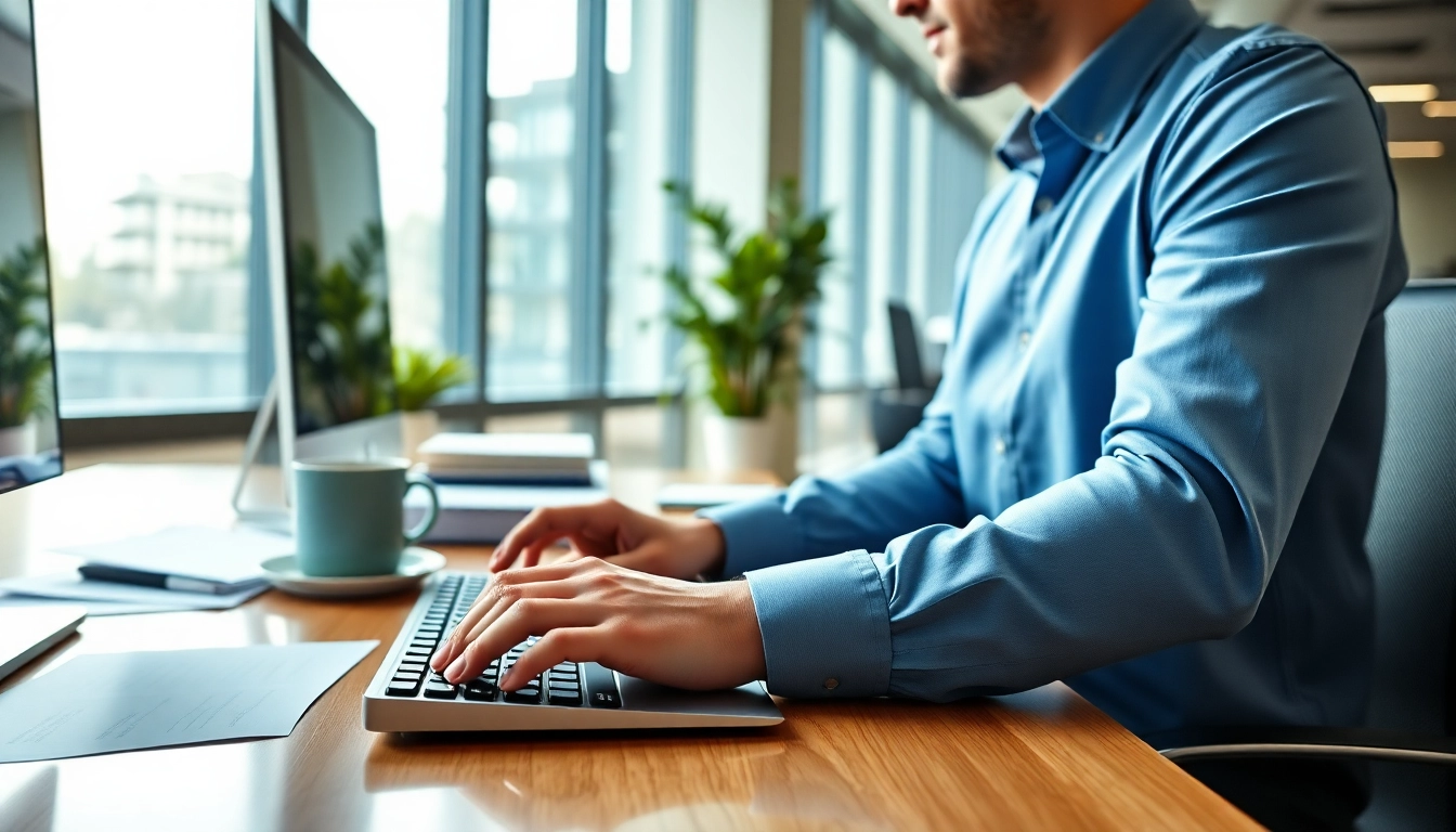 Typist at a typing center demonstrating skills in a bright workspace with modern equipment.