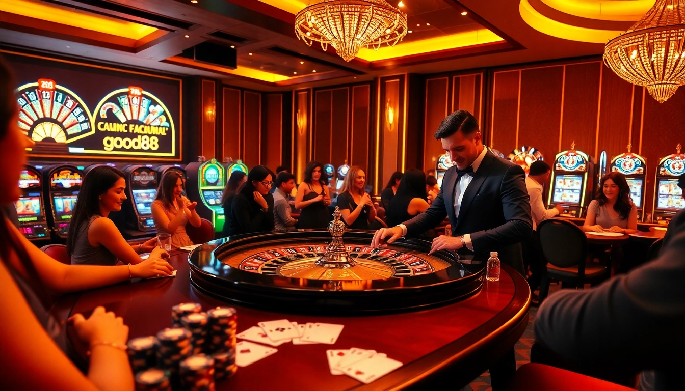 Players engaging at a luxurious roulette table in a casino setting, highlighting good88's vibrant gambling experience.