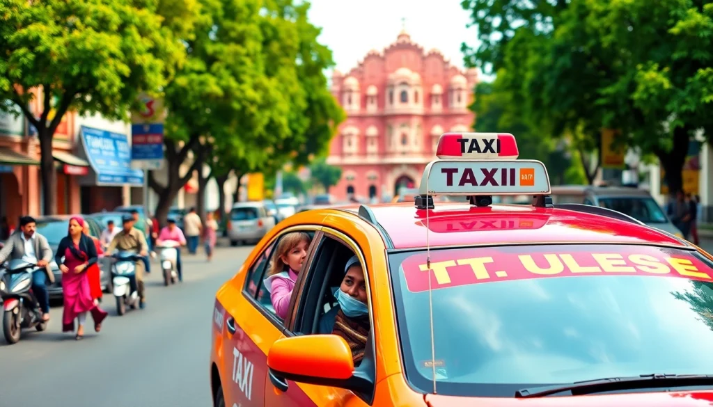 Jaipur Taxi Service featuring a vibrant cab in front of Hawa Mahal.