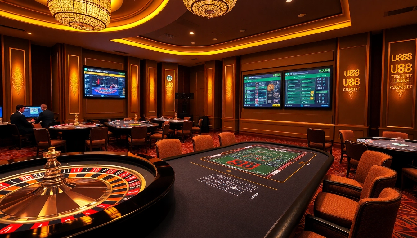 U888 online gaming experience with a dynamic casino atmosphere featuring roulette and poker tables.