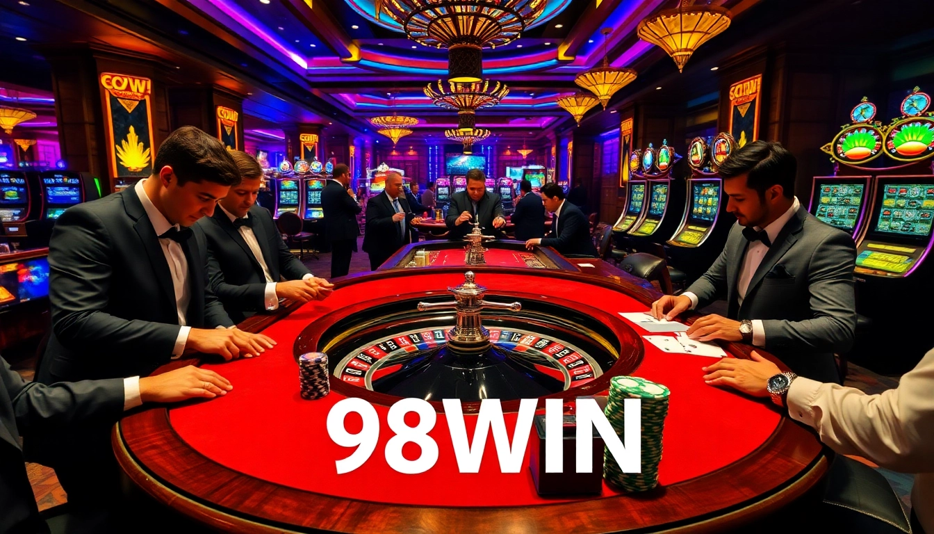 Players enjoying the thrill of 98WIN at a vibrant casino table, highlighting excitement and professionalism.