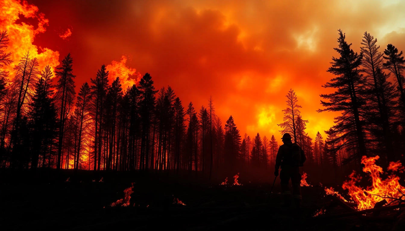 Firefighters battling Wildfire events in a forest engulfed in flames, illustrating heroism and nature's fury.