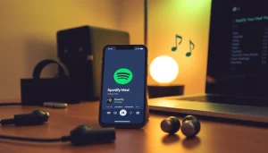 Explore the features of Spotify mod apk on a smartphone surrounded by tech accessories.