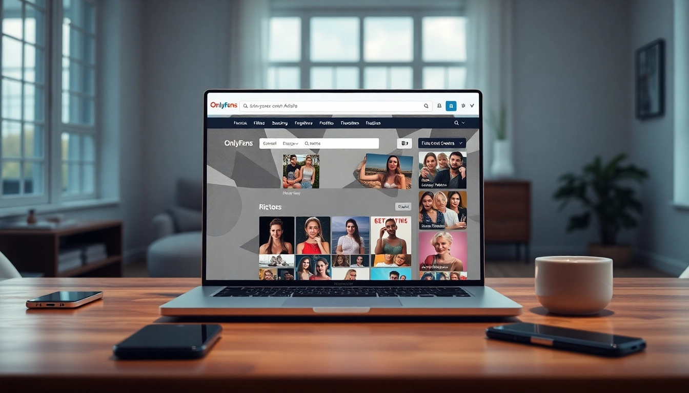 Instant OnlyFans Search tool interface on a sleek laptop, showcasing user-friendly filters and categories.