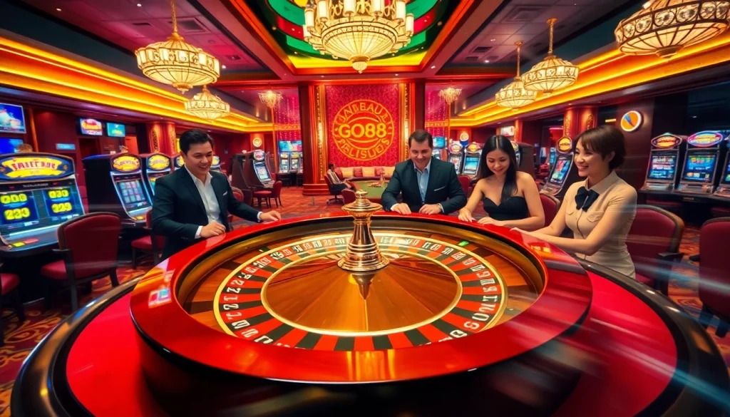 Engaged gamers enjoying a thrilling GO88 casino experience with roulette and poker tables.