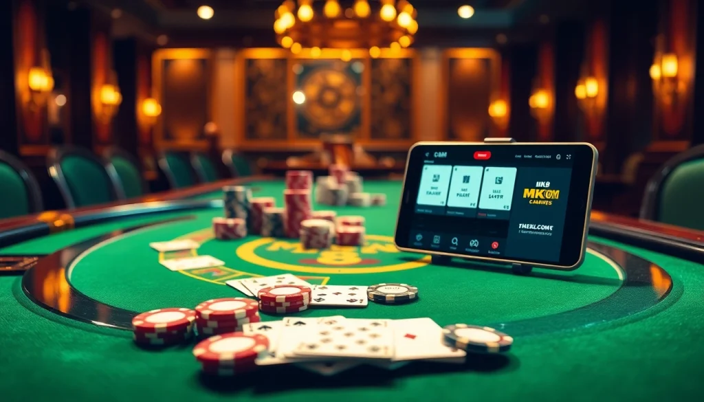Engaging poker scene with chips and cards promoting MK8.COM for online gambling.