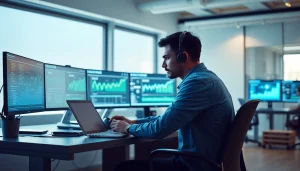 Developer engaged in web scrapping tasks at a modern workspace with data analytics on screens.