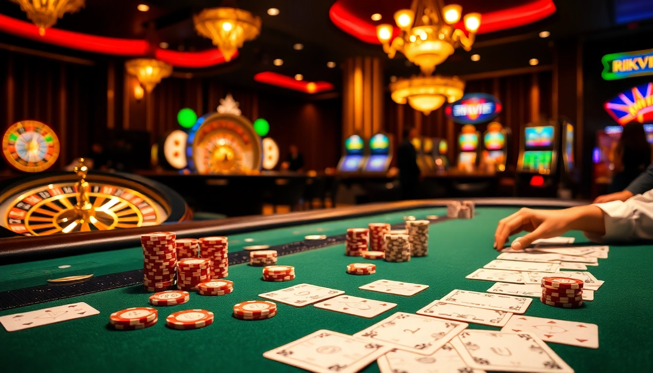 Players enjoying a thrilling game at the RIKVIP casino table, featuring poker chips and cards.