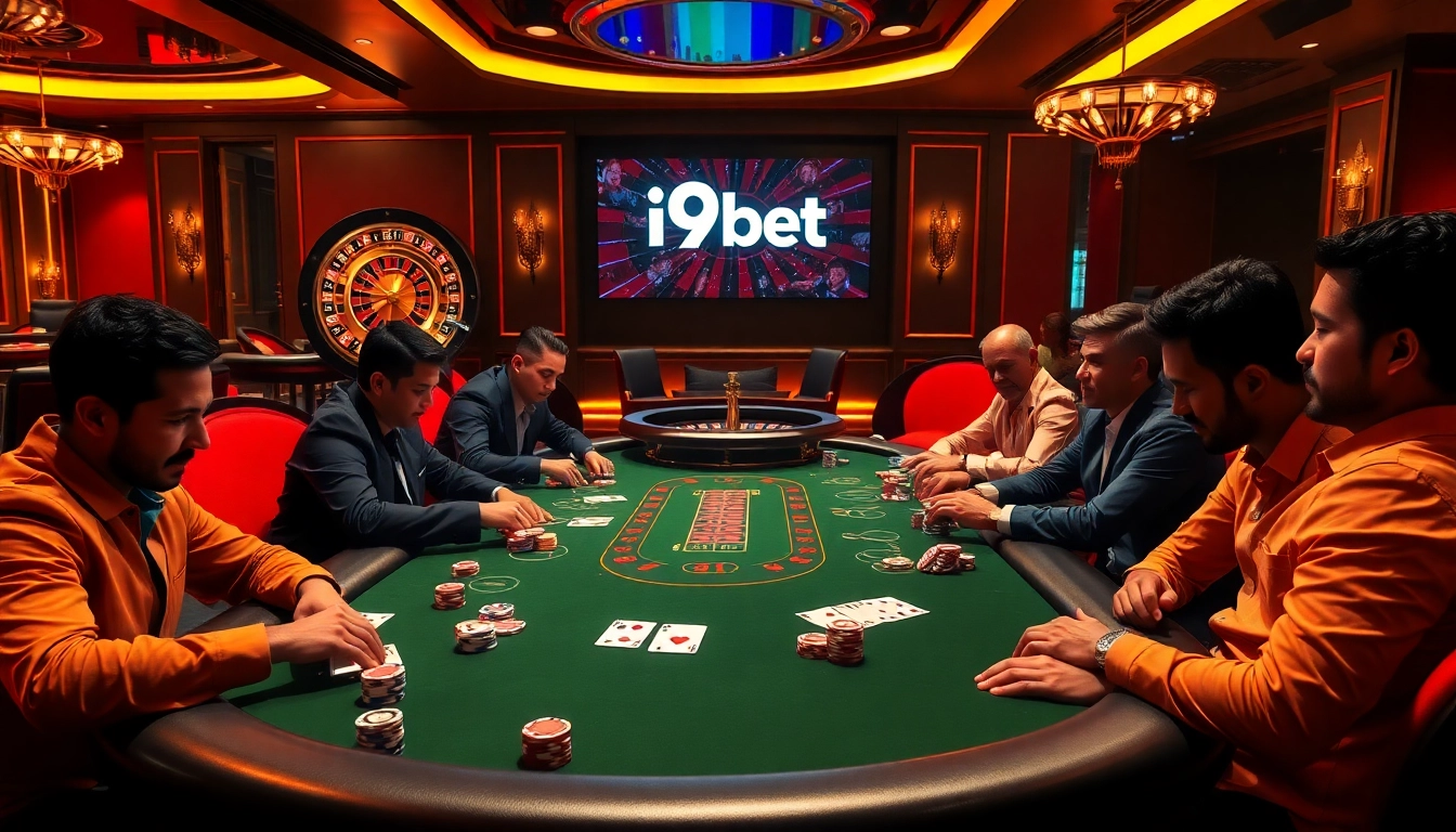 Engaging scene of poker players at i9bet's luxurious casino table with vibrant chips and cards.