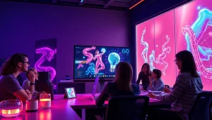 A diverse group exploring NSFW AI technology in a modern workspace with vibrant, immersive visuals.
