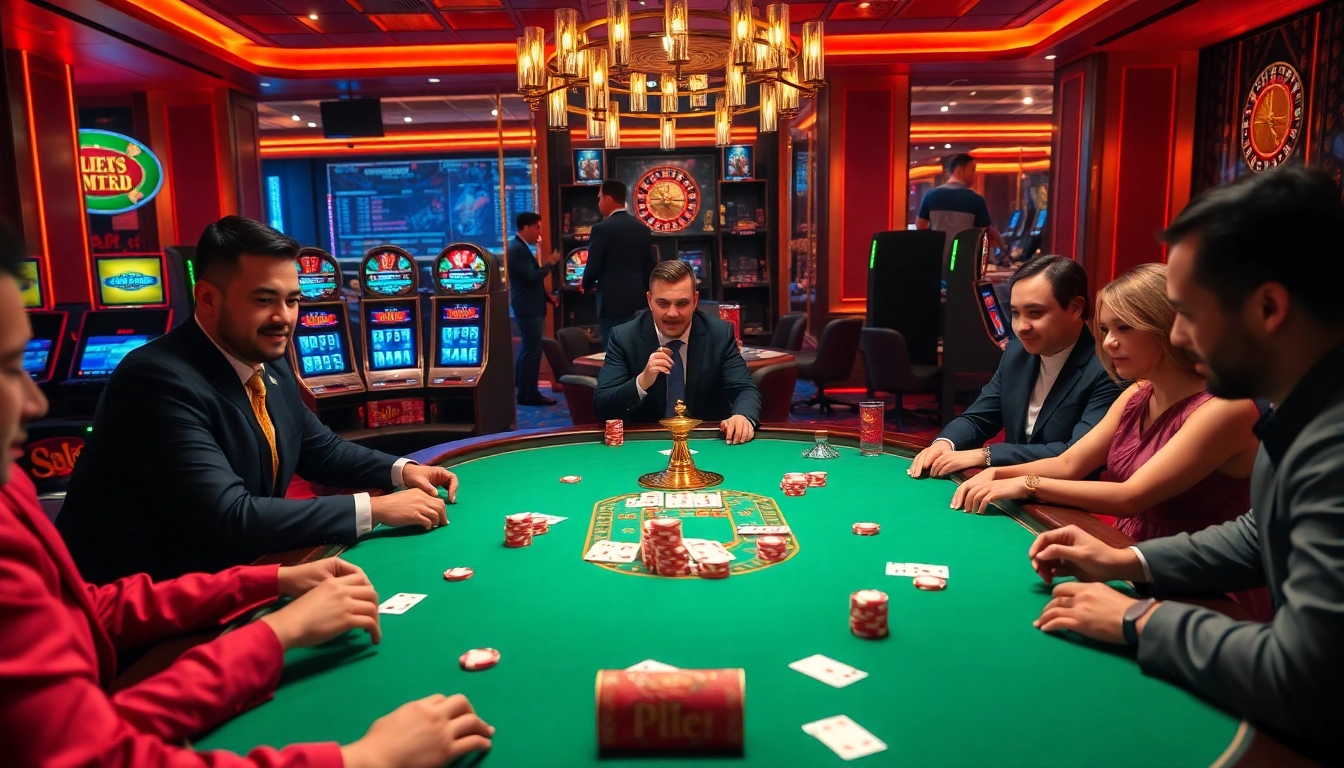 Engage in high-stakes poker at hello88's luxurious casino setting with vibrant tables and thrilling atmosphere.
