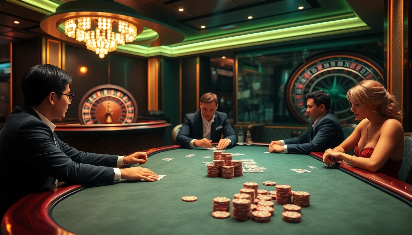 Players engaging in a thrilling poker game at xin88 casino table with vibrant ambiance.