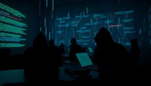 The question of whether the Hidden Wiki is illegal visualized through a dark web scene with shadowy figures and cryptographic elements.